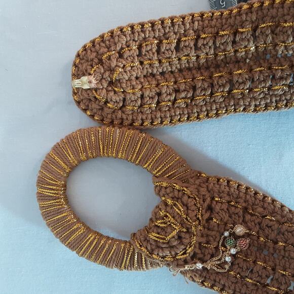 Boho Lux Golden Brown Crochet Belt Medium Waist Jumbro Statement Wrapped Buckle - Picture 11 of 11